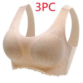 Natural Thai Latex Underwear 4.0 Angel Wings Seamless One Piece Women'S Lace Sports Bra Without Steel Ring (Option: Flesh color 3PC-3XL)